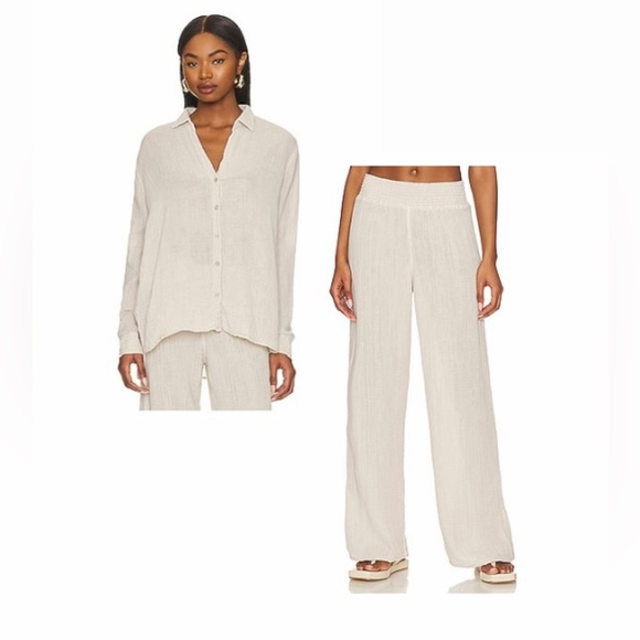Michael Stars Cream Button-Up Shirt and Wide-Leg Pants Set